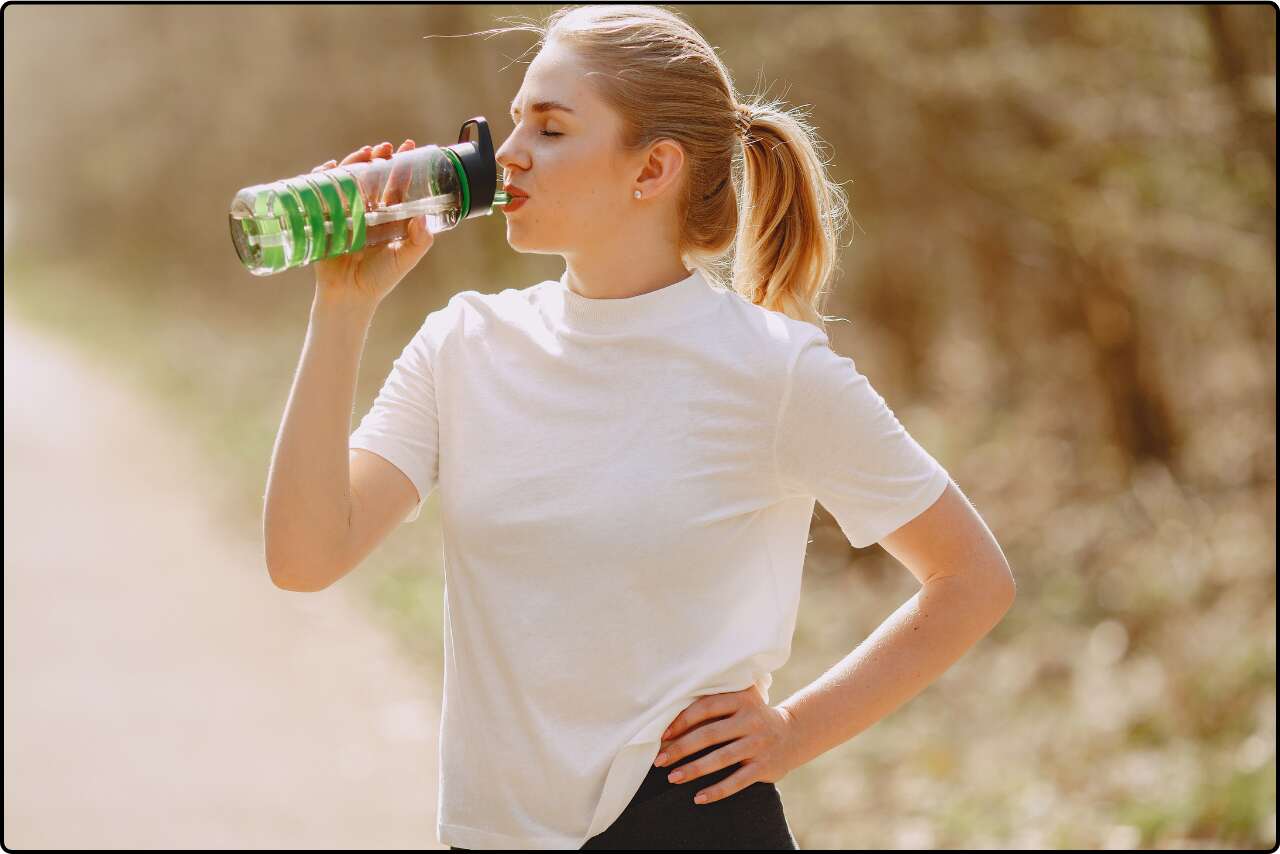 Woman in white crew neck t-shirt drinking from a green plastic bottle.